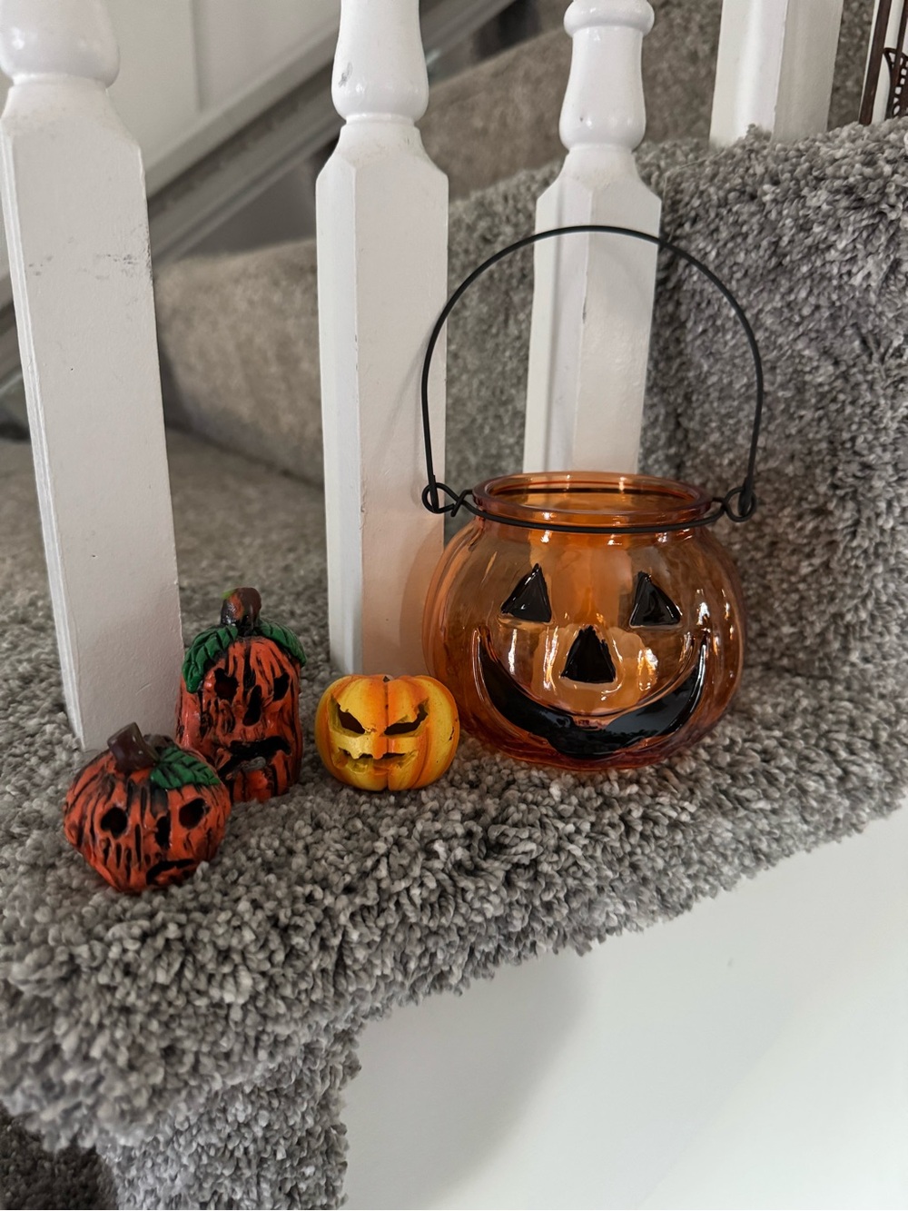 3 Halloween Jack-O'-Lantern Glass Mini Candy Bucket / Tea-light holders